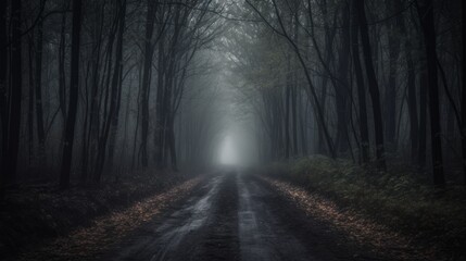 Deserted dark forest road. AI generated.