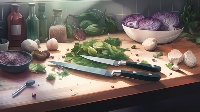Generative AI digital art of chopping kitchen board with knife and ingredients around it
