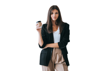 Purposeful Asian businesswoman in suit holding coffee cup looks at camera stands against transparent background. Break if remote work. Successful Korean lawyer thinks about work, tries  find solution