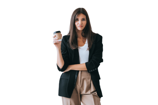 Purposeful Asian businesswoman in suit holding coffee cup looks at camera stands against transparent background. Break if remote work. Successful Korean lawyer thinks about work, tries  find solution - Powered by Adobe