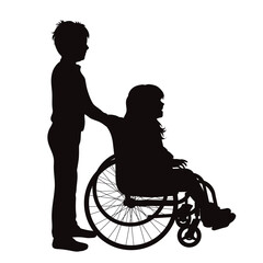 Vector silhouette of one of a siblings sitting in a wheelchair on a white background.