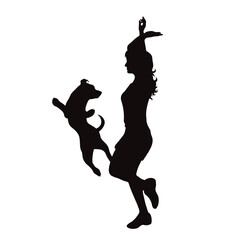 Vector silhouette of dancing woman with her happy dog on white background.