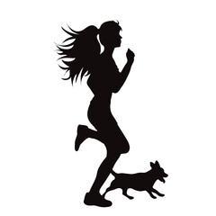 Naklejka na ściany i meble Vector silhouette of running woman with her happy dog on white background.