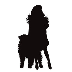 Vector silhouette of woman with her happy dog on white background.