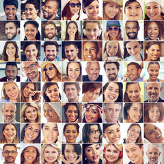Diversity, large group and people with happiness, confident and different races with joy, cheerful and excitement. Portrait, faces and happy human beings with collage, smile and charming with beauty