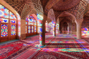 Fototapeta na wymiar Beautiful view inside the Nasir al-Mulk Mosque. Shiraz, Iran