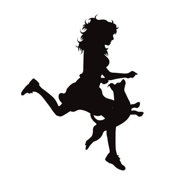 Vector silhouette of dancing woman with her happy dog on white background.