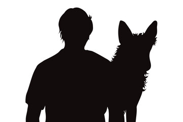 Vector silhouette of man with his dog on white background.