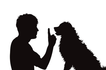 Vector silhouette of man with his dog on white background.