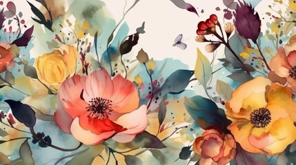 Flowers watercolor illustration. AI generated.