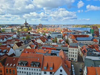 Aerial view of the old town of Rostock and the Warnow river, Mecklenburg, Germany