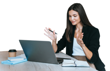 Professional asian accountant consults client via internet using laptop. CEO talks with employee, video conference. teacher at distant lesson explains material for student over transparent background.