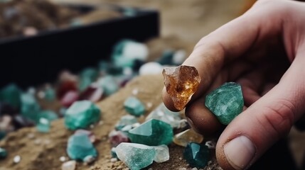 Extraction of precious stones by hand, rubies, emeralds, diamonds. Ai generated.