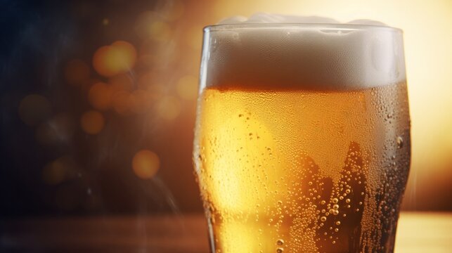 Frosted glass of beer background. AI generated.
