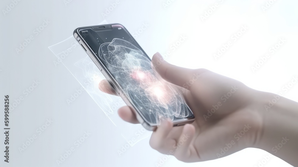Poster hand holding smartphone with ai virtual display over white background. ai generated.