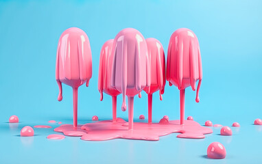 Many Popsicle ice creams melting on vibrant blue background. Generative Ai illustration