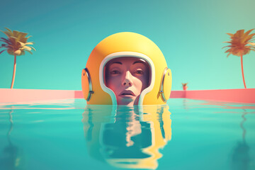 Front view of Generative AI image of cyberpunk woman in yellow futuristic outfit swimming in pool surrounded by palms