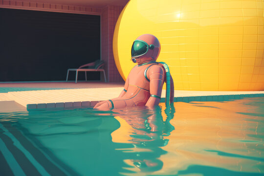 Generative AI illustration of pink futuristic robot swimming in pool water near yellow wall during vacation
