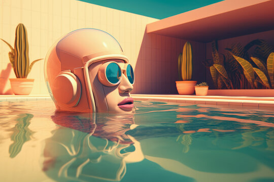 Generative AI image of cyberpunk person in futuristic costume and with glasses swimming in pool water during holidays