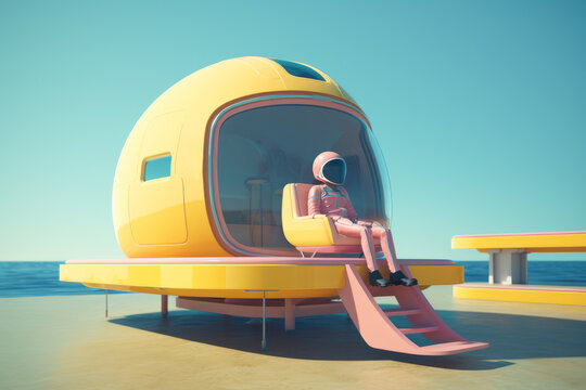 Generative AI illustration of fictional robot sitting on chair near modern futuristic building with helmet structure in beach