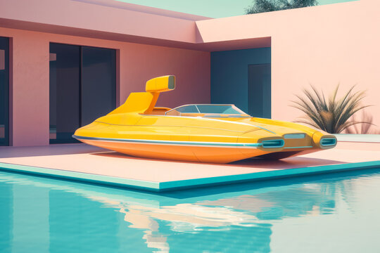 Generative AI image of yellow futuristic boat placed against pink building with swimming pool in yard