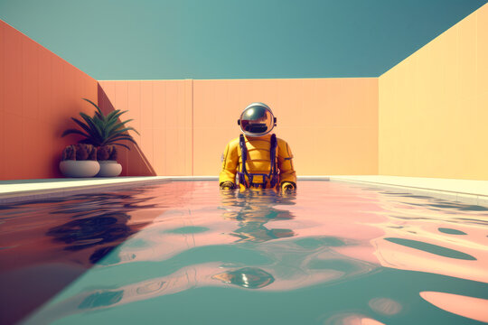 Generative AI illustration of yellow futuristic robot swimming in pool water against yellow wall during vacation