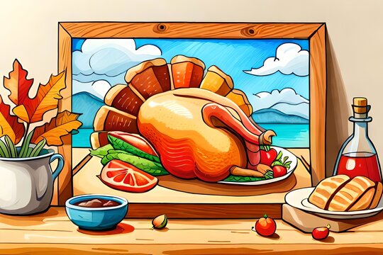 Watercolor Illustration of 3D turkey icon with a wooden board, wishing a happy thanksgiving. Generative AI