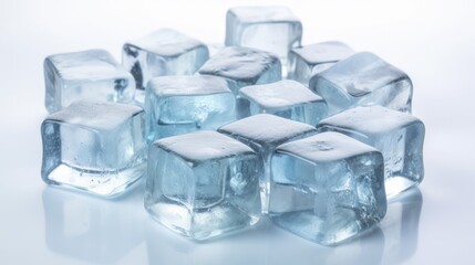 Pile of crystal clear ice cubes on white background. AI generated.