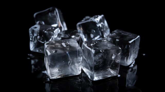 Pile of crystal clear ice cubes on black background. AI generated.