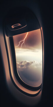 Generative AI illustration of dramatic view through airplane window of dark gloomy sky with heavy clouds during thunder with lightning