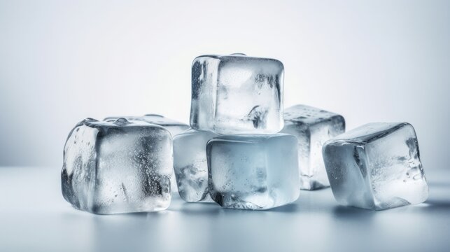 Pile of crystal clear ice cubes on white background. AI generated.