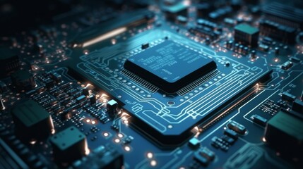 Generative AI illustration of macro shot with computer motherboard. AI generated.