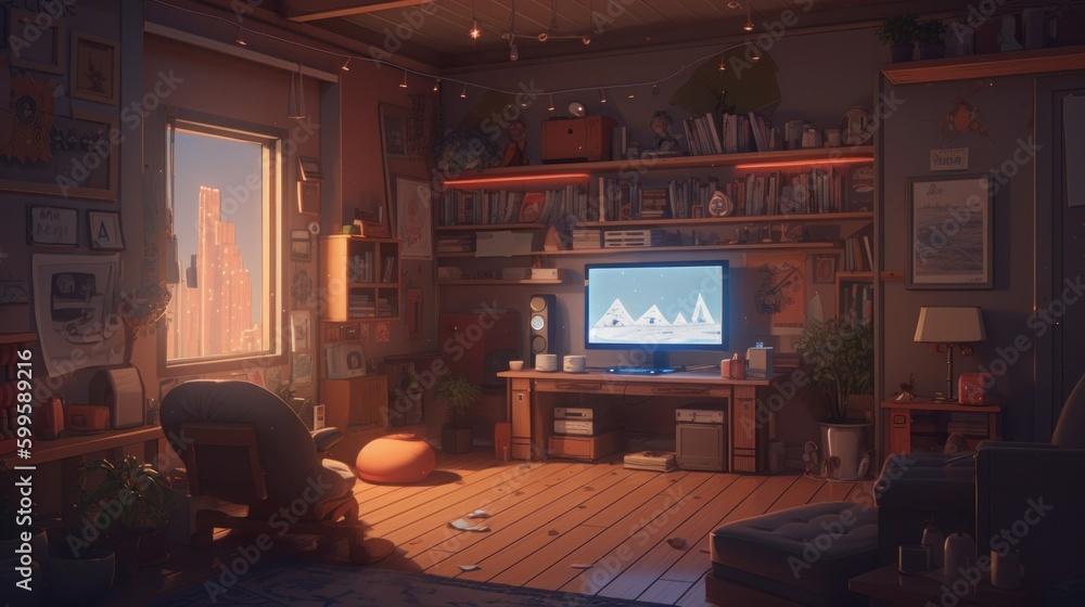 Wall mural Lofi artwork gamers room 2d cartoon. AI generated.