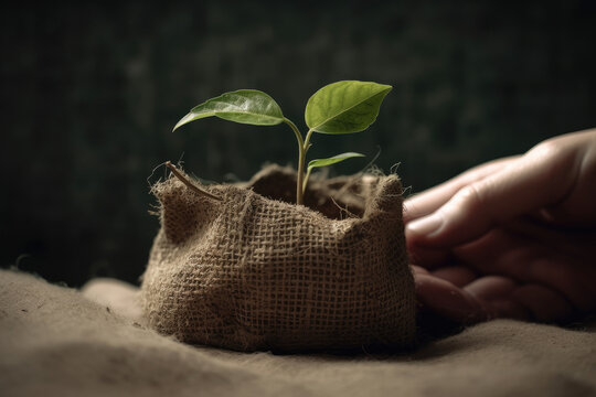 Generative AI illustration of crop anonymous person touching burlap bag with tiny green sprout placed on black backdrop