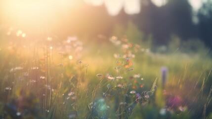 Obraz na płótnie Canvas Magic blur bokeh nature morning sun flower field. AI generated.