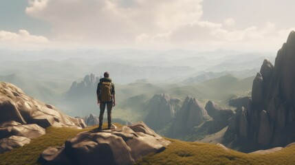 Fototapeta premium Man traveler wearing a hat with backpack. Travel Lifestyle and Adventure concept. AI generated.