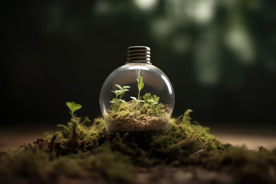 Generative AI illustration of glass bell covering verdant grass vegetating on green ground against blurred background of nature