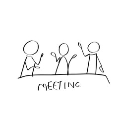 Hand drawn cartoon stick figure drawing conceptual illustration of teamwork or business meeting.