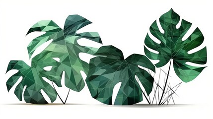 Monstera leaves flat lay background. In polygonal style. AI generated.