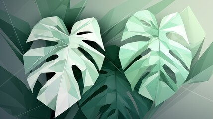 Monstera leaves flat lay background. In polygonal style. AI generated.