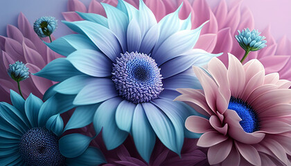 Pink and blue flowers, stunning background with gentle pink and blue flowers, Generative AI