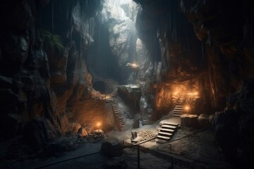 gloomy dark dungeon in high mountains AI