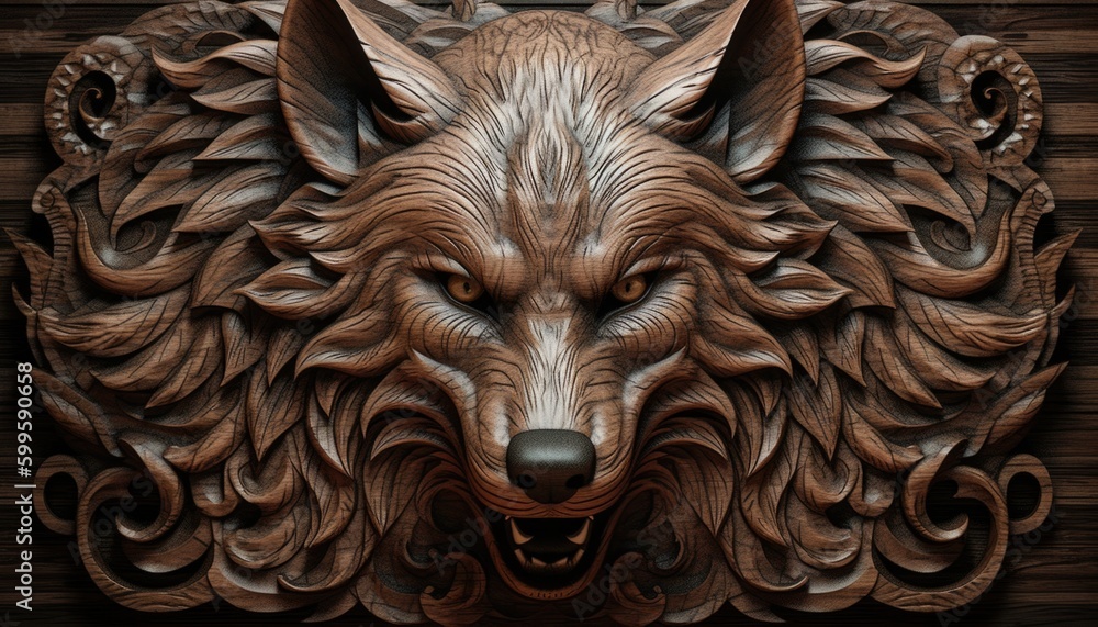 Wall mural wood carving art, dragon, lion, rabbit, forest wood carving patterns. generative ai