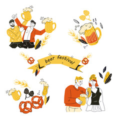 Set of Beer festival and brewing icons and emblems with doodle characters, creative stickers or labels set for beer bottles and advertising banners, doodle hand drawn vector illustration isolated.