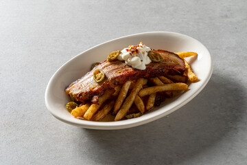 Korean food dish meal Grilled dried pollack Shrimp curry cream risotto chichen wings French Fries