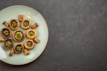top view delicious mushrooms meal cooked with greens on dark background dish dinner ripe meal cooking wild