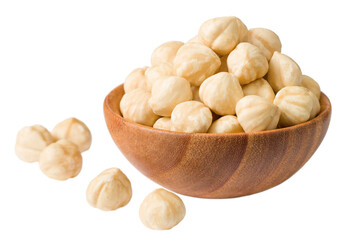 Hazelnuts in the wooden bowl, isolated on the white background.