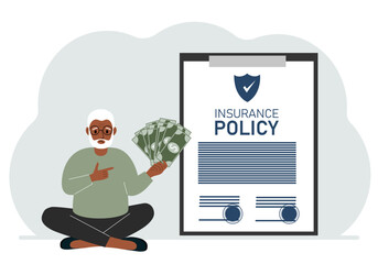 A man holds cash in his hands next to a large insurance policy. The concept of registration and payments under the insurance policy.