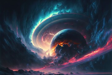 abstract planets in neon style with beautiful scenery of space AI