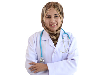 Portrait of beautiful middle aged smiling Asian Muslim woman doctor with holding doctor stethoscope wearing traditional hijab scarf in lab coat standing with crossed arms isolated on white background.